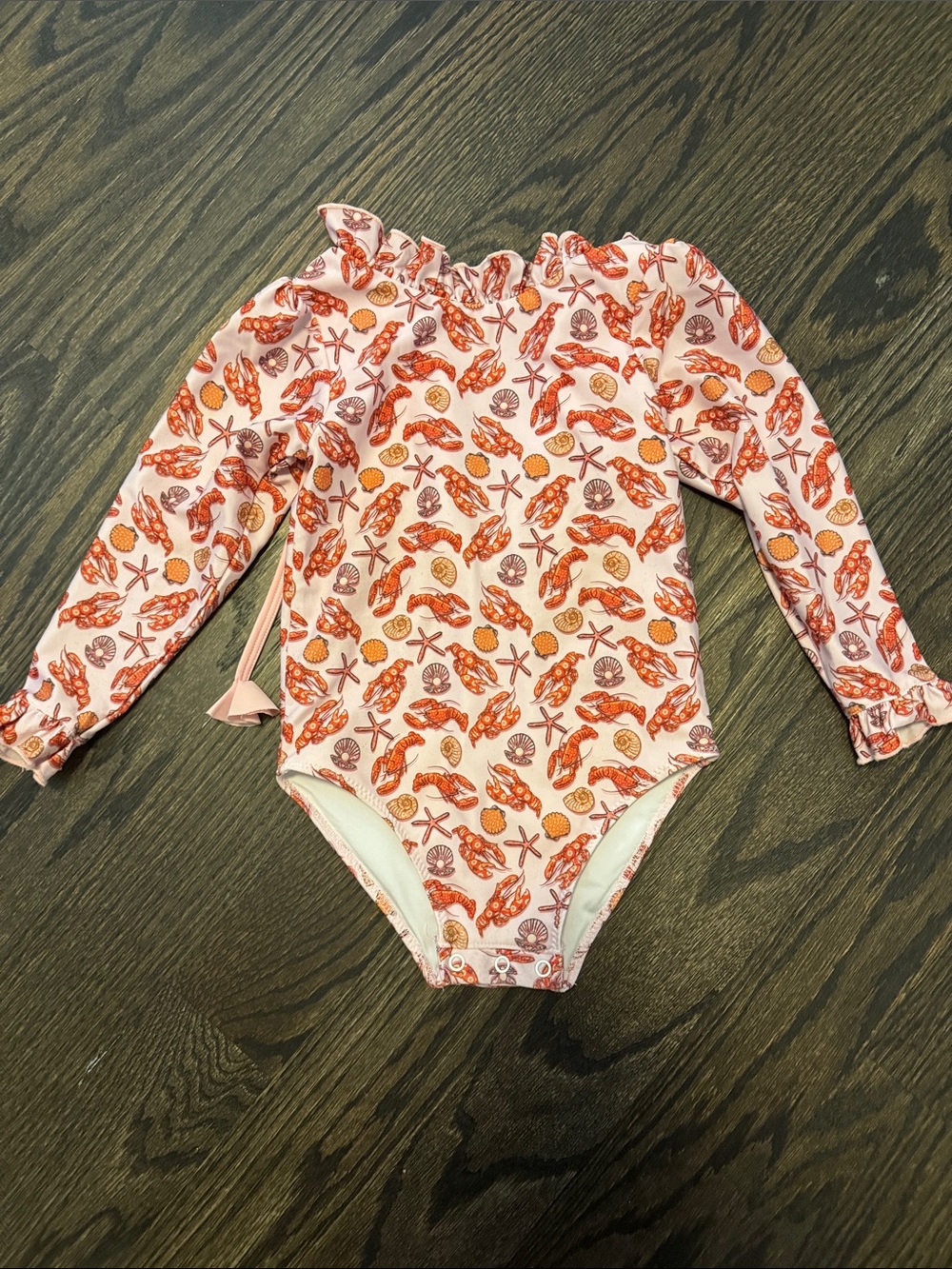 Girls' Pink Seashell Print Long-Sleeve One-Piece Swimsuit